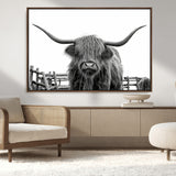 58188-MGV-FC-36X24_Walnut-Highland Cow Wall Art – Black and White Rustic Farmhouse Canvas Print, Longhorn Cattle Photography Decor for Living Room or