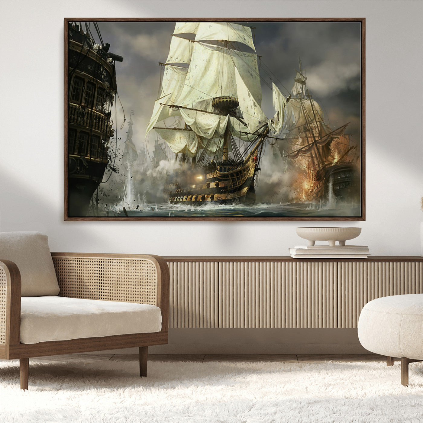 26512-MGV-CV-36X24-Naval Battle Wall Art – Dramatic Tall Ship Canvas Print, Historic Pirate Sailing War Scene, Nautical Decor for Office, Study or
