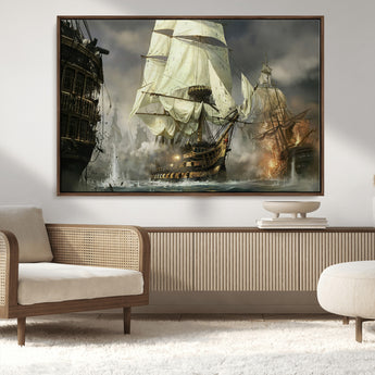 26512-MGV-CV-36X24-Naval Battle Wall Art – Dramatic Tall Ship Canvas Print, Historic Pirate Sailing War Scene, Nautical Decor for Office, Study or