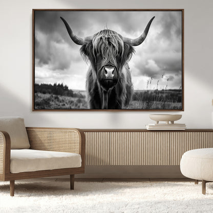 17924-MGV-FC-36X24_Walnut-Highland Cow Wall Art – Black and White Rustic Longhorn Cattle Canvas Print, Farmhouse Animal Photography Decor for Country Home