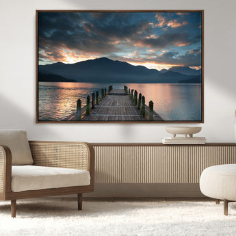 20442-MGV-CV-36X24-Lakeside Sunset Dock Wall Art – Peaceful Mountain Lake Canvas Print, Serene Nature Landscape Decor for Living Room, Bedroom or