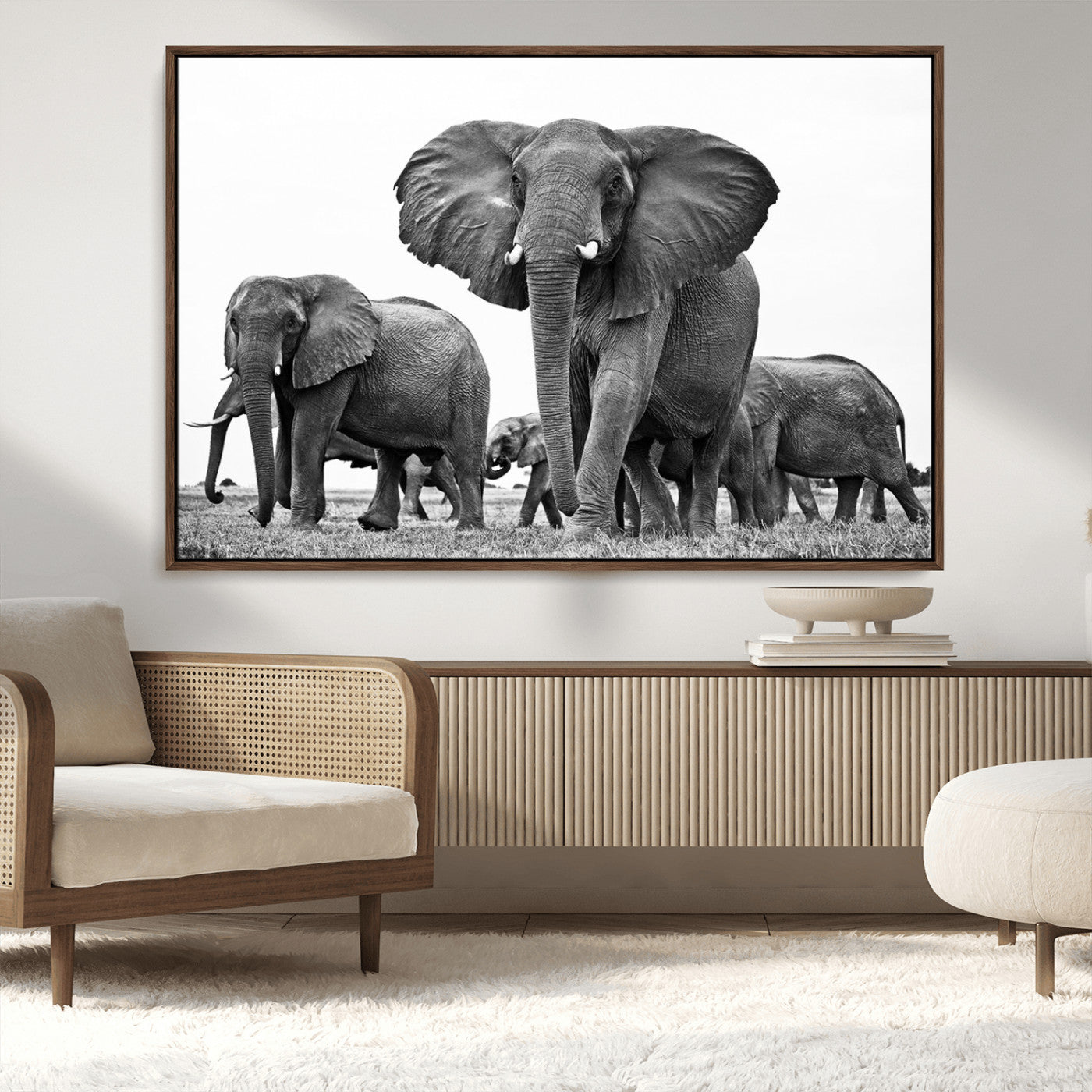91685-MGV-CV-36X24-Elephant Herd Wall Art – Black and White Safari Canvas Print, African Wildlife Photography Decor for Living Room, Office or