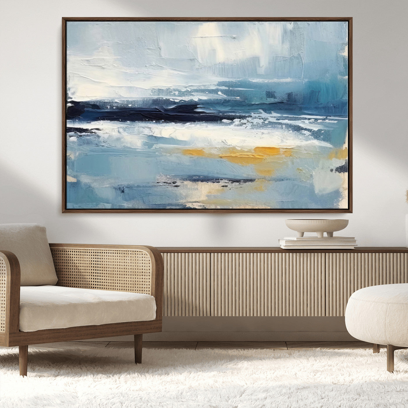 19746-MGV-CV-36X24-Abstract Ocean Wall Art – Modern Coastal Canvas Print with Blue, White and Gold Textures, Contemporary Seascape Painting for