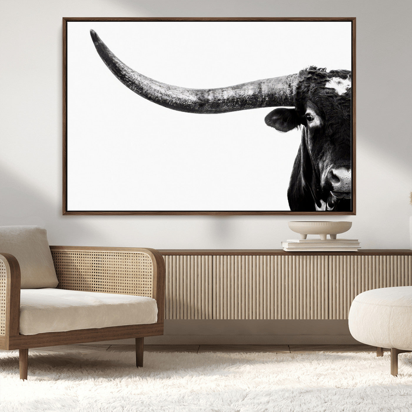 31699-MGV-CV-36X24-Longhorn Wall Art – Black and White Texas Longhorn Cow Canvas Print, Rustic Western Farmhouse Artwork for Living Room, Bedroom or