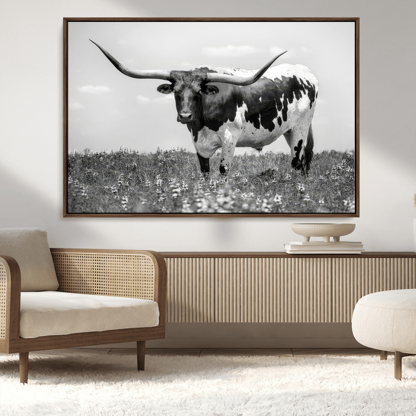 94709-MGV-CV-36X24-Texas Longhorn Wall Art – Black and White Bull Photography Canvas Print, Western Farmhouse Wall Decor for Living Room, Office or