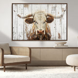 71551-MGV-CV-36X24-Longhorn Bull Wall Art – Rustic Western Cow Canvas Print, Farmhouse Animal Painting with Wood Plank Style for Living Room, Office
