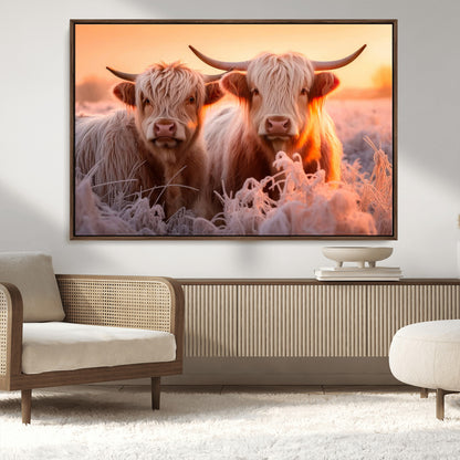68253-MGV-CV-36X24-Highland Cow Wall Art – Rustic Farmhouse Cattle Canvas Print, Frosty Sunset Animal Artwork for Living Room, Bedroom or Country