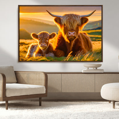 20567-MGV-CV-36X24-Highland Cow and Calf Wall Art – Rustic Farmhouse Sunset Cattle Canvas Print, Country Animal Artwork for Living Room, Bedroom, or