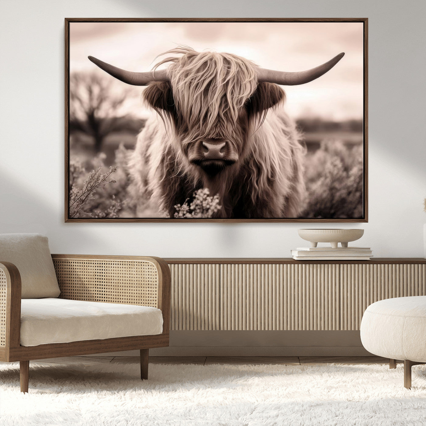 55903-MGV-CV-36X24-Highland Cow Wall Art – Rustic Sepia Scottish Highland Bull Canvas Print, Farmhouse Country Animal Decor for Living Room, Bedroom