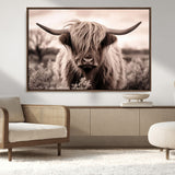 55903-MGV-CV-36X24-Highland Cow Wall Art – Rustic Sepia Scottish Highland Bull Canvas Print, Farmhouse Country Animal Decor for Living Room, Bedroom