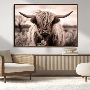 55903-MGV-CV-36X24-Highland Cow Wall Art – Rustic Sepia Scottish Highland Bull Canvas Print, Farmhouse Country Animal Decor for Living Room, Bedroom
