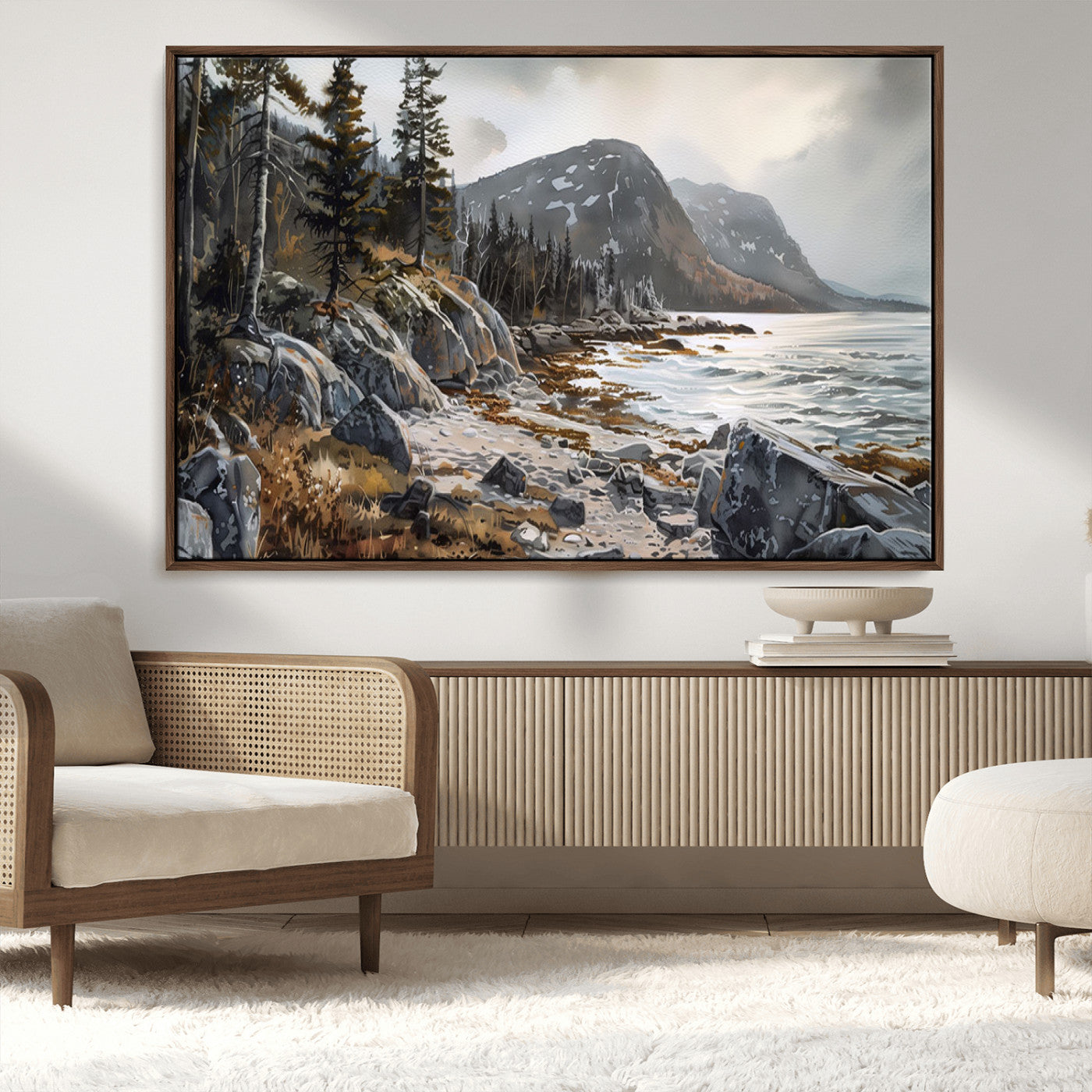 41281-MGV-CV-36X24-Rocky Shoreline Wall Art – Panoramic Mountain Coast and Forest Canvas Print, Rustic Nature Landscape Decor for Cabin, Lodge, or