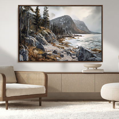 41281-MGV-CV-36X24-Rocky Shoreline Wall Art – Panoramic Mountain Coast and Forest Canvas Print, Rustic Nature Landscape Decor for Cabin, Lodge, or