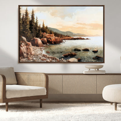 77145-MGV-CV-36X24-Coastal Landscape Wall Art – Panoramic Rocky Shoreline and Pine Trees Canvas Print, Rustic Nature Decor for Cabin, Lodge, Office,