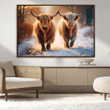 94810-MGV-CV-36X24-Highland Cow Wall Art – Rustic Canvas Print Two Cattle Snow Path Sunset, Farmhouse Country Decor for Living Room, Bedroom, Office,