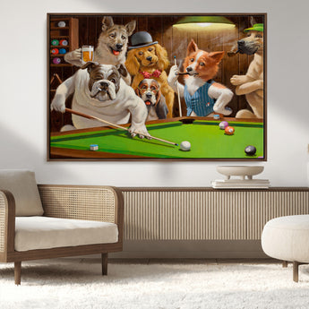 34228-MGV-CV-36X24-Dogs Playing Pool Wall Art Canvas Print, Framed Funny Dog Art Picture Print, Dog Perfect Game Room Decor Artwork