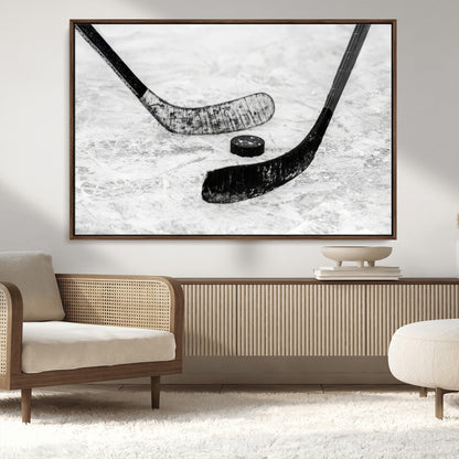 82900-MGV-CV-36X24-Hockey Wall Art – Black and White Canvas Print Ice Rink Sticks Puck Sports Photography, Modern Decor for Game Room, Man Cave,