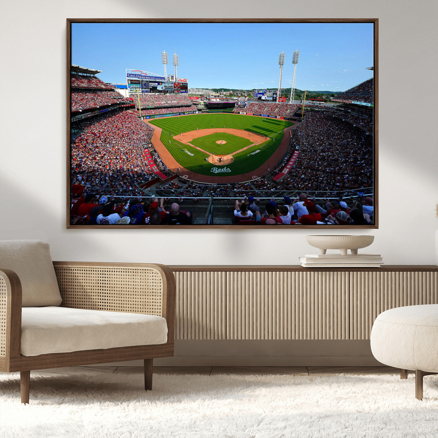 90998-MGV-CV-36X24-Baseball Stadium Wall Art – Canvas Print Day Game Field Packed Crowd Bright Blue Sky Sports Photography, Classic Decor for Game