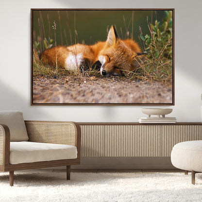 25085-MGV-CV-36X24-Sleeping Fox Wall Art Canvas Print, Framed Rustic Fox Art Picture Print, Wildlife Animal Perfect Rustic Farmhouse Decor Artwork