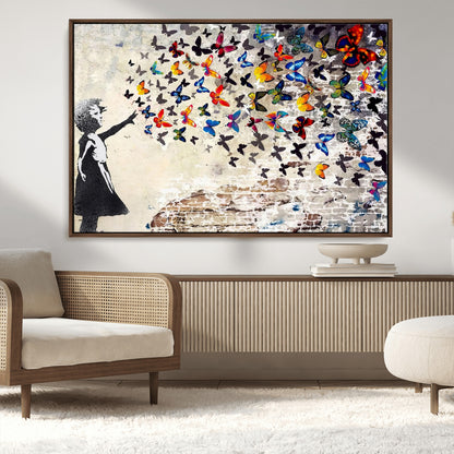 97895-MGV-CV-36X24-Girl with Butterflies Wall Art – Colorful Street Art Style Canvas Print, Modern Graffiti-Inspired Butterfly Artwork for Living