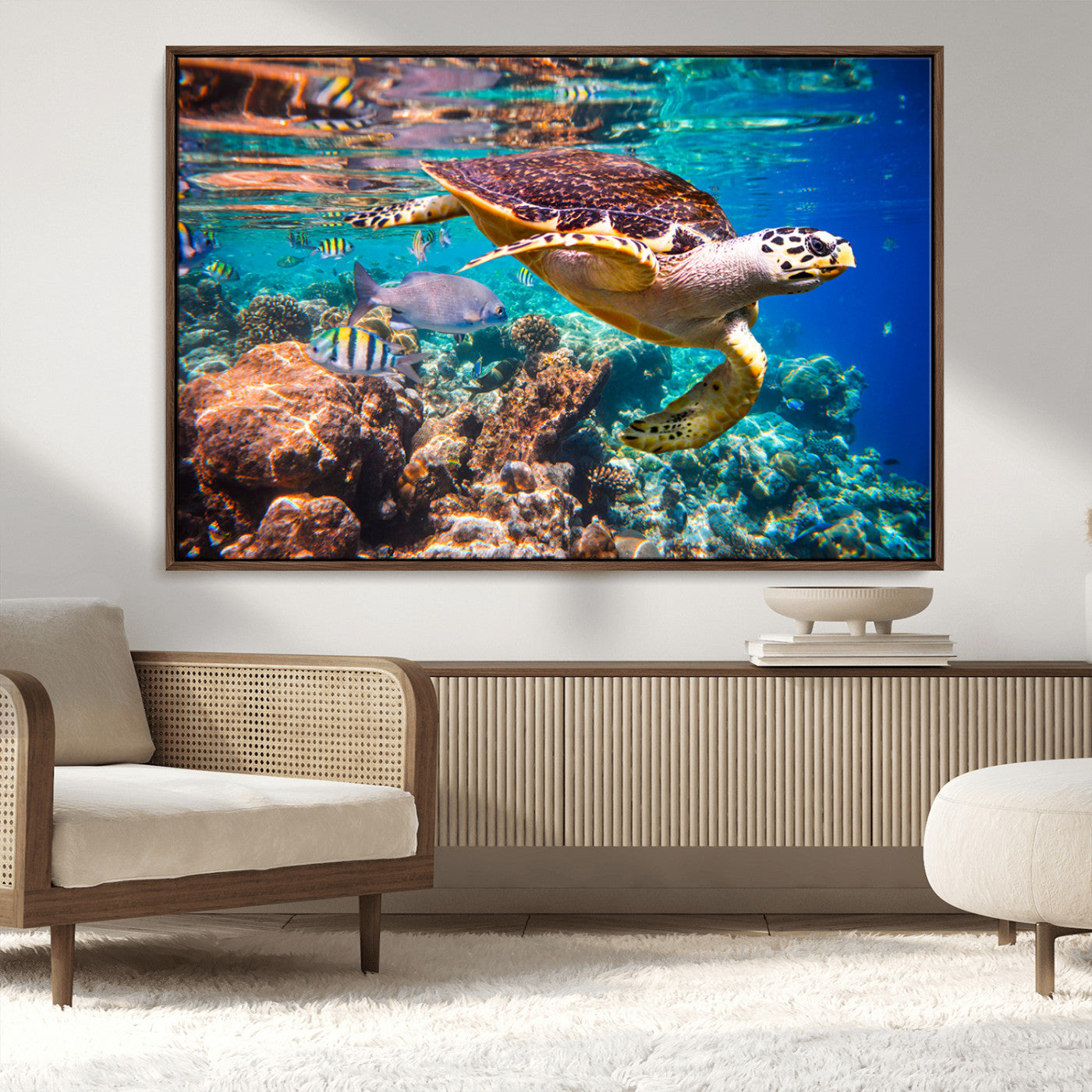 66614-MGV-CV-36X24-Sea Turtle Wall Art – Hawksbill Turtle Swimming Over Coral Reef Canvas Print, Ocean Marine Life Decor for Beach House, Coastal