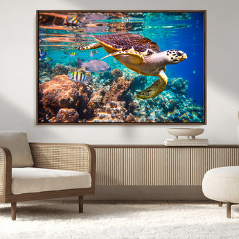 66614-MGV-CV-36X24-Sea Turtle Wall Art – Hawksbill Turtle Swimming Over Coral Reef Canvas Print, Ocean Marine Life Decor for Beach House, Coastal