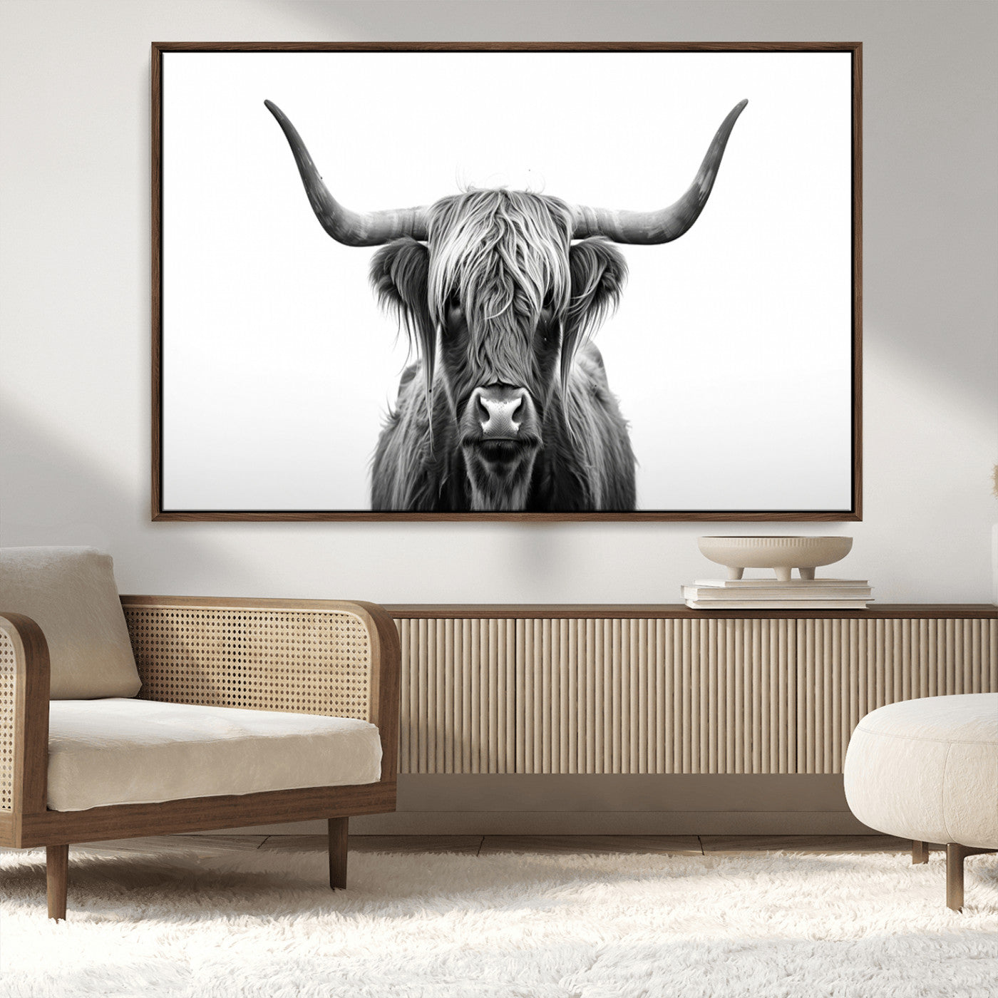 49556-MGV-CV-36X24-Highland Cow Wall Art – Black and White Scottish Highland Cattle Print, Rustic Farmhouse Minimalist Animal Portrait Canvas for