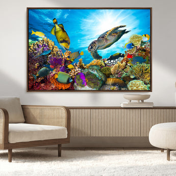44772-MGV-CV-36X24-Underwater Sea Turtle Wall Art – Vibrant Coral Reef and Tropical Fish Canvas Print, Ocean Marine Life Decor for Living Room,