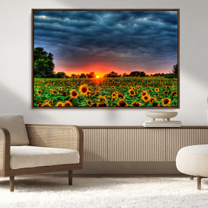 45045-MGV-CV-36X24-Sunflower Field Sunset Wall Art – Dramatic Stormy Sky Landscape Print, Vibrant Yellow Floral Nature Canvas for Living Room,