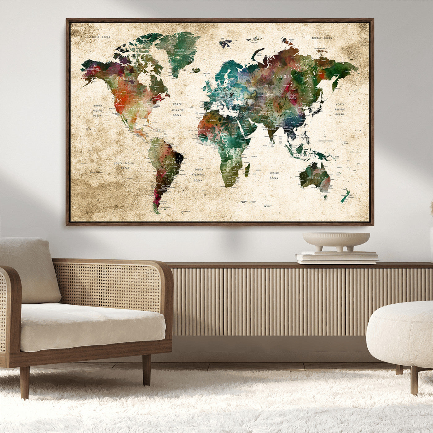 45128-MGV-CV-36X24-Watercolor World Map Canvas Wall Art – Vintage Style Travel Map Print, Large Framed Wall Decor for Living Room, Bedroom, Home or Office