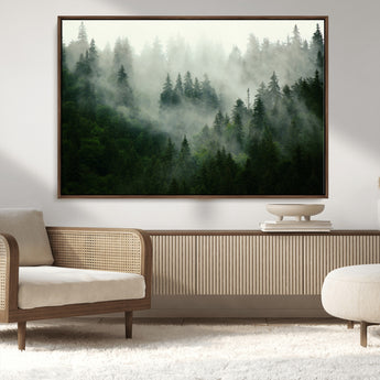 167720496-MGV-FC-36X24_Walnut-Misty Forest Wall Art – Serene Evergreen Trees Canvas Print, Foggy Mountain Nature Landscape Decor for Bedroom, Living Room or