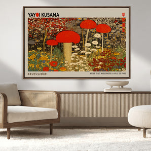 38013-MGV-CV-36X24-Yayoi Kusama Inspired Mushroom Garden Wall Art – Whimsical Botanical Canvas Print, Surreal Nature Poster, Fantasy Floral Artwork