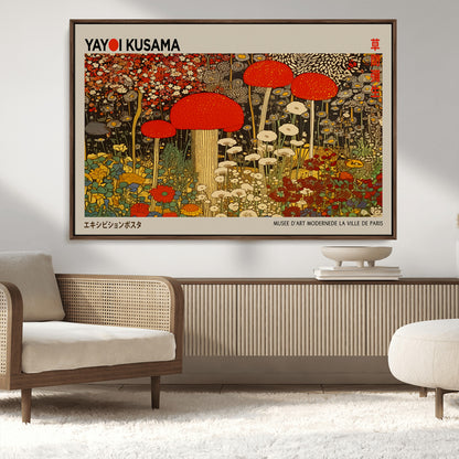38013-MGV-CV-36X24-Yayoi Kusama Inspired Mushroom Garden Wall Art – Whimsical Botanical Canvas Print, Surreal Nature Poster, Fantasy Floral Artwork