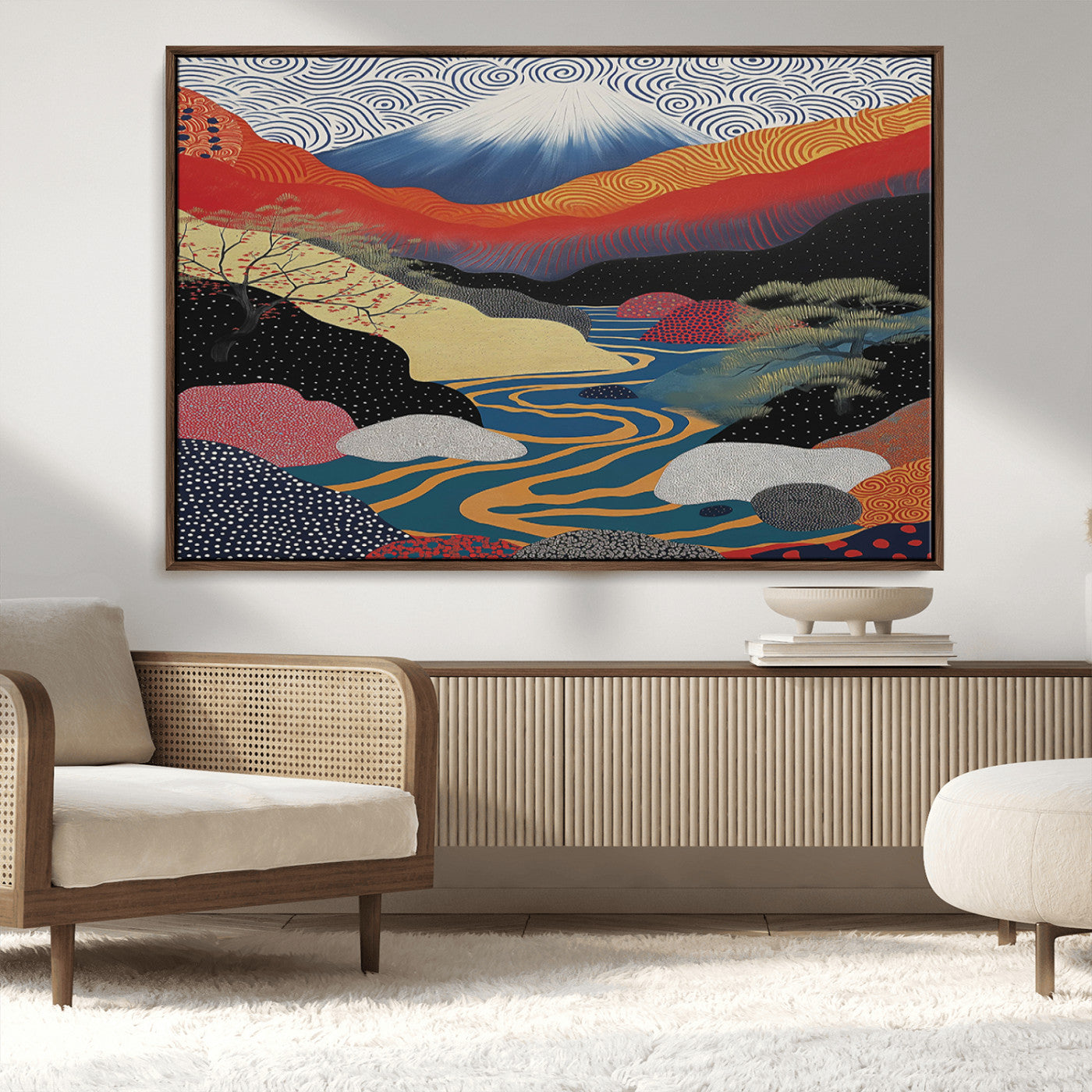 32131-MGV-CV-36X24-Japanese Mount Fuji Wall Art – Abstract Landscape Canvas Print with Swirling Sky & River, Modern Minimalist Asian Inspired Poster