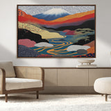 22313-MGV-CV-36X24-Yayoi Kusama Wall Art – Abstract Mount Fuji Landscape Canvas Print, Vibrant Japanese Nature Scene with River, Mountains and Sky
