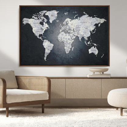 19124-MGV-CV-36X24-Modern World Map Wall Art – Black and White Canvas Print, Minimalist Global Map Decor for Office, Study, Bedroom or Living Room