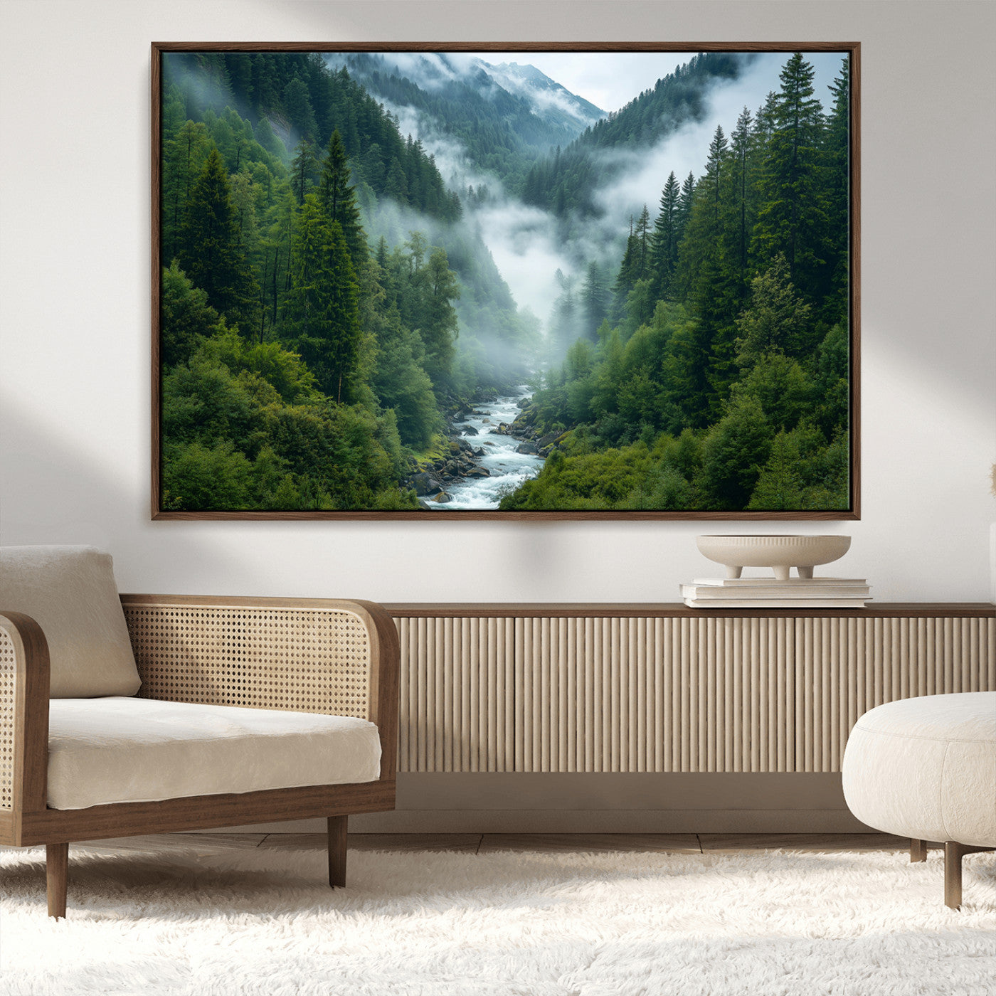 69453-MGV-CV-36X24-Mountain Forest Wall Art – Misty River and Evergreen Landscape Canvas Print, Nature Photography Poster for Living Room, Bedroom,