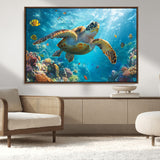 37623-MGV-CV-36X24-Sea Turtle Wall Art – Underwater Ocean Canvas Print with Coral Reef and Tropical Fish, Marine Life Painting Poster for Living