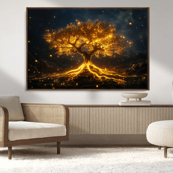 60194-MGV-CV-36X24-Glowing Tree Wall Art – Golden Roots Fantasy Canvas Print, Mystical Illuminated Tree Painting Poster for Living Room, Bedroom,