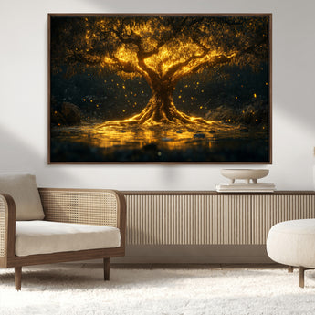 59580-MGV-CV-36X24-Glowing Tree Wall Art – Golden Fantasy Nature Canvas Print, Mystical Illuminated Tree Painting Poster for Living Room, Bedroom,
