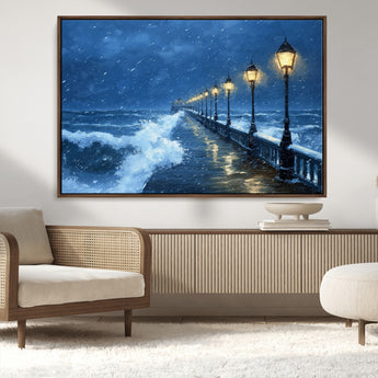 32668-MGV-CV-36X24-Stormy Pier Wall Art – Ocean Waves and Street Lamps Canvas Print, Rainy Night Seascape Oil Painting Poster for Living Room,