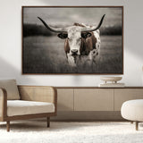 69238-MGV-CV-36X24-Longhorn Bull Wall Art – Rustic Black and White Texas Cattle Canvas Print, Western Farmhouse Animal Photography for Living Room,