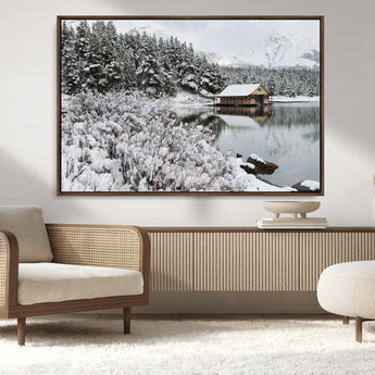 29975-MGV-CV-36X24-Winter Cabin by the Lake Wall Art – Snowy Mountain Landscape Canvas Print, Rustic Lodge Cabin Decor for Cozy Living Room, Bedroom
