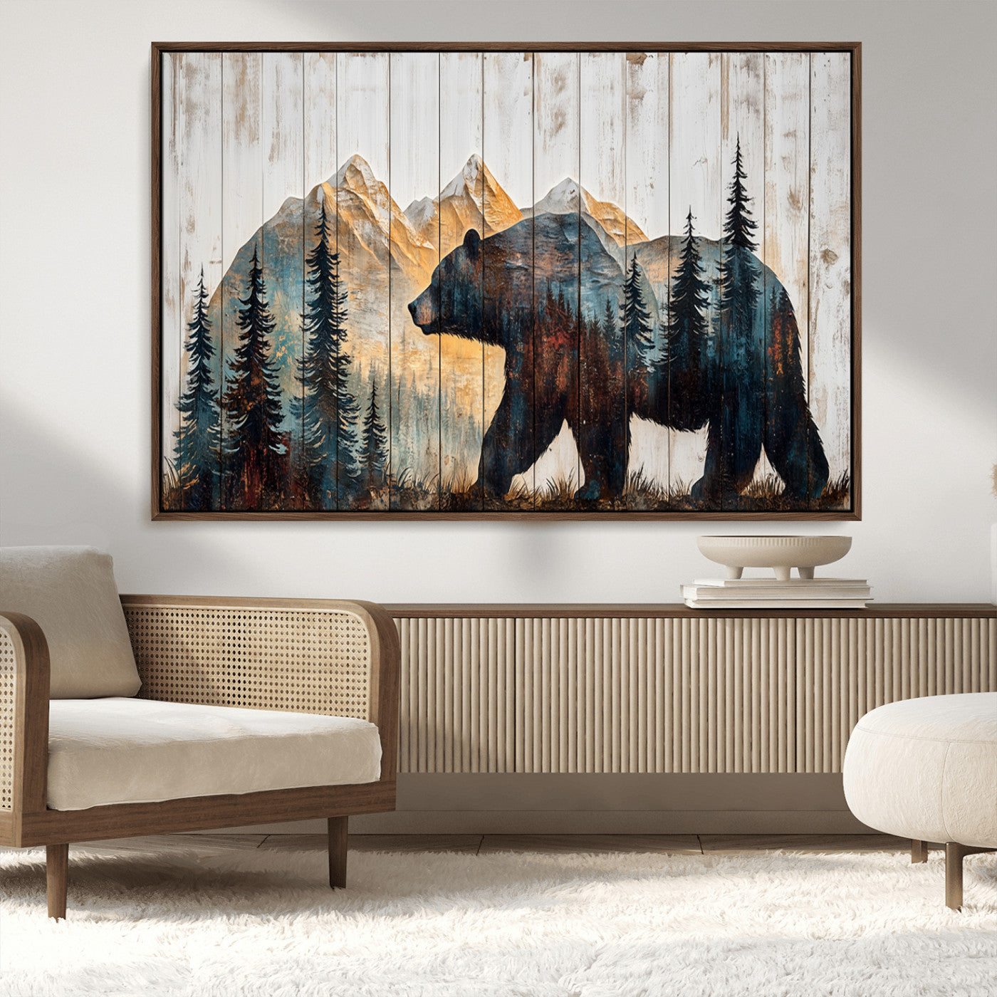 90077-MGV-CV-36X24-Wood Grizzly Bear Wall Art Canvas Print, Framed Abstract Bear Art Picture Print, Bear in Forest Perfect Rustic Lodge Decor Artwork