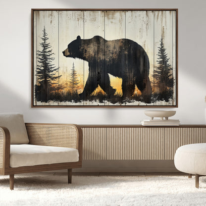 83875-MGV-CV-36X24-Sunset Bear Wall Art – Rustic Wildlife Canvas Print with Forest Silhouette, Cabin Lodge Decor for Living Room or Office