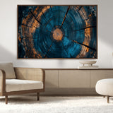 65231-MGV-CV-36X24-Blue and Gold Tree Ring Wall Art – Rustic Abstract Wood Slice Canvas Print, Modern Nature Inspired Artwork for Living Room,