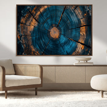 65231-MGV-CV-36X24-Blue and Gold Tree Ring Wall Art – Rustic Abstract Wood Slice Canvas Print, Modern Nature Inspired Artwork for Living Room,