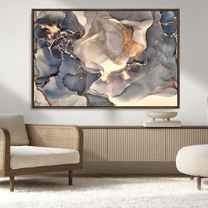 18202-MGV-FC-36X24_Walnut-Abstract Neutral Wall Art – Blue, Beige and Gold Fluid Ink Canvas Print, Modern Minimalist Painting for Living Room, Office
