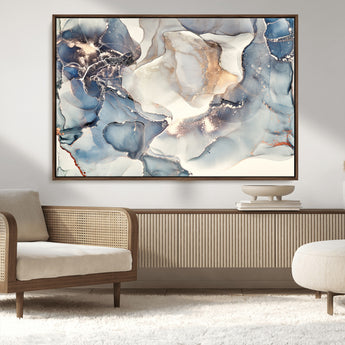 51497-MGV-CV-36X24-Abstract Blue and Gold Wall Art – Modern Fluid Ink Style Canvas Print, Elegant Contemporary Decor for Living Room, Office