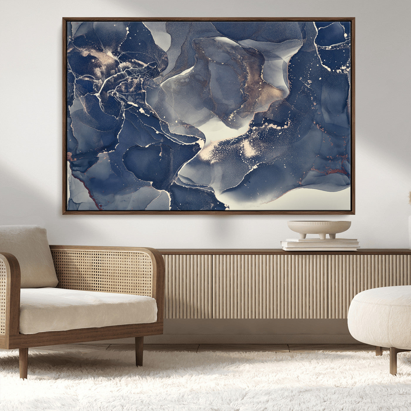 28282-MGV-CV-36X24-Blue Abstract Wall Art – Modern Ink Swirl Canvas Print, Contemporary Navy and Gold Painting for Living Room, Bedroom, Office or